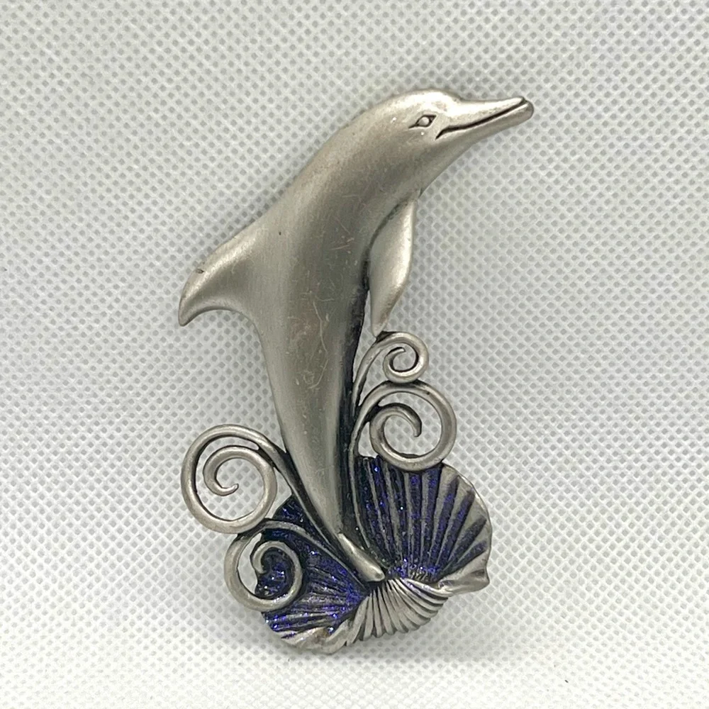 Vtg JJ Jonette Jewelry Jumping DOLPHIN Purple Glitter Shell Pewter Brooch Pin 3”